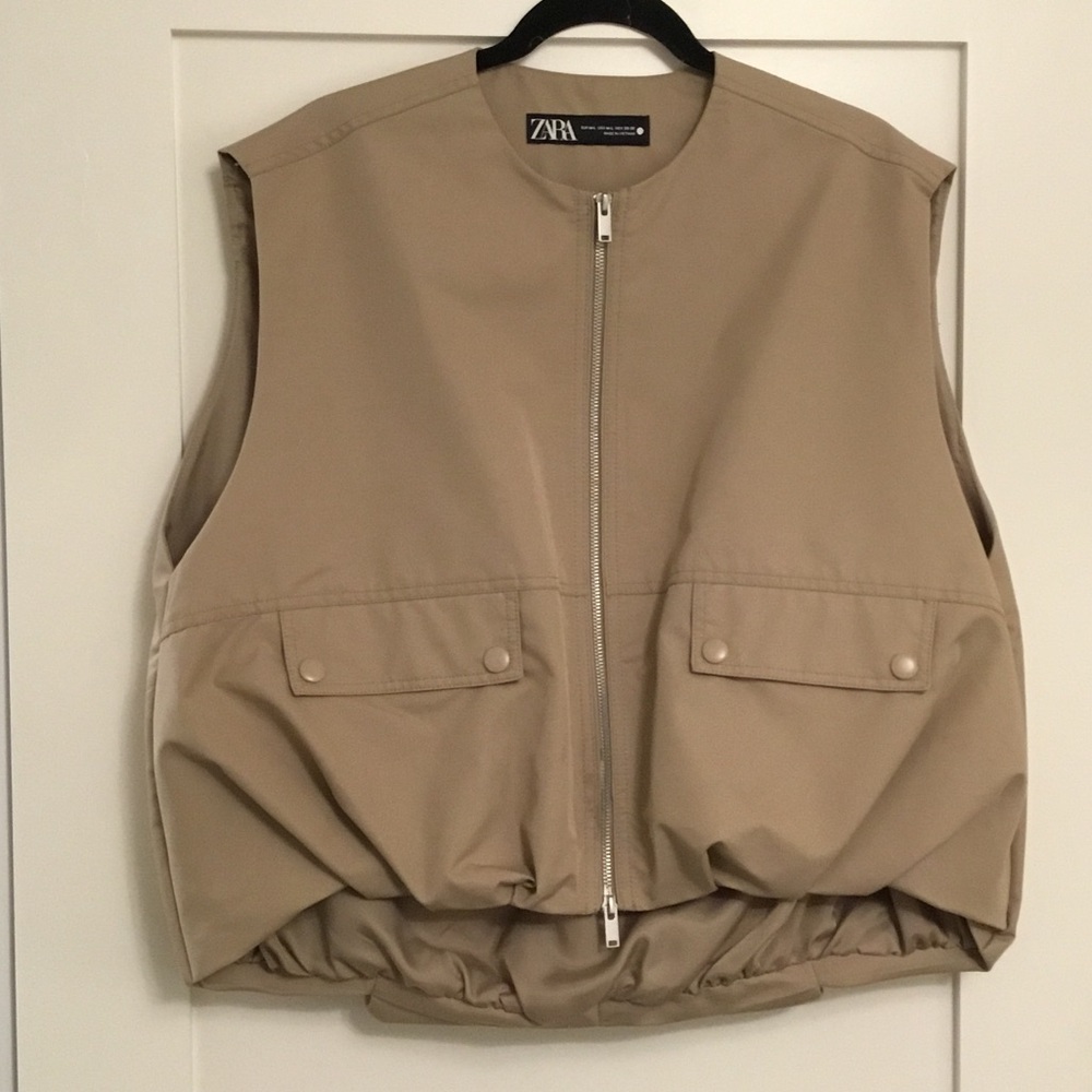 ZARA Beige Zip-Front Utility Vest
